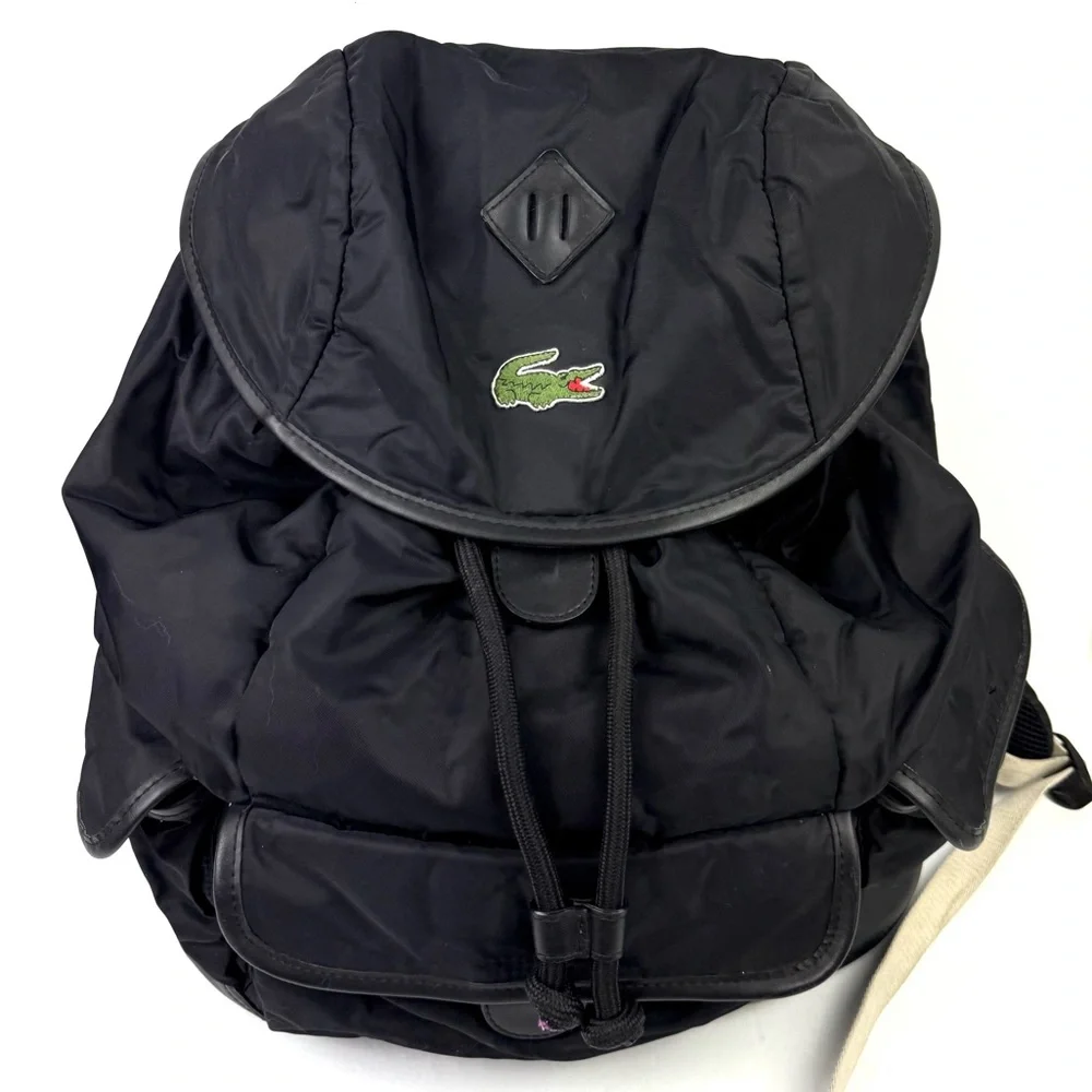 Vintage Lacoste Backpack‎ Large Black Nylon Drawstring Rucksack